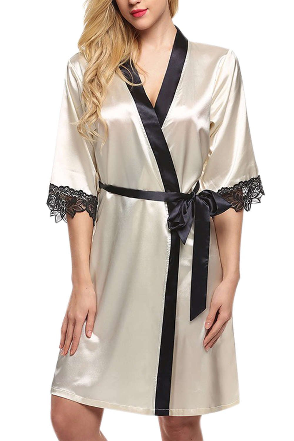 Iyasson Half Sleeves Lace Kimono Robe 