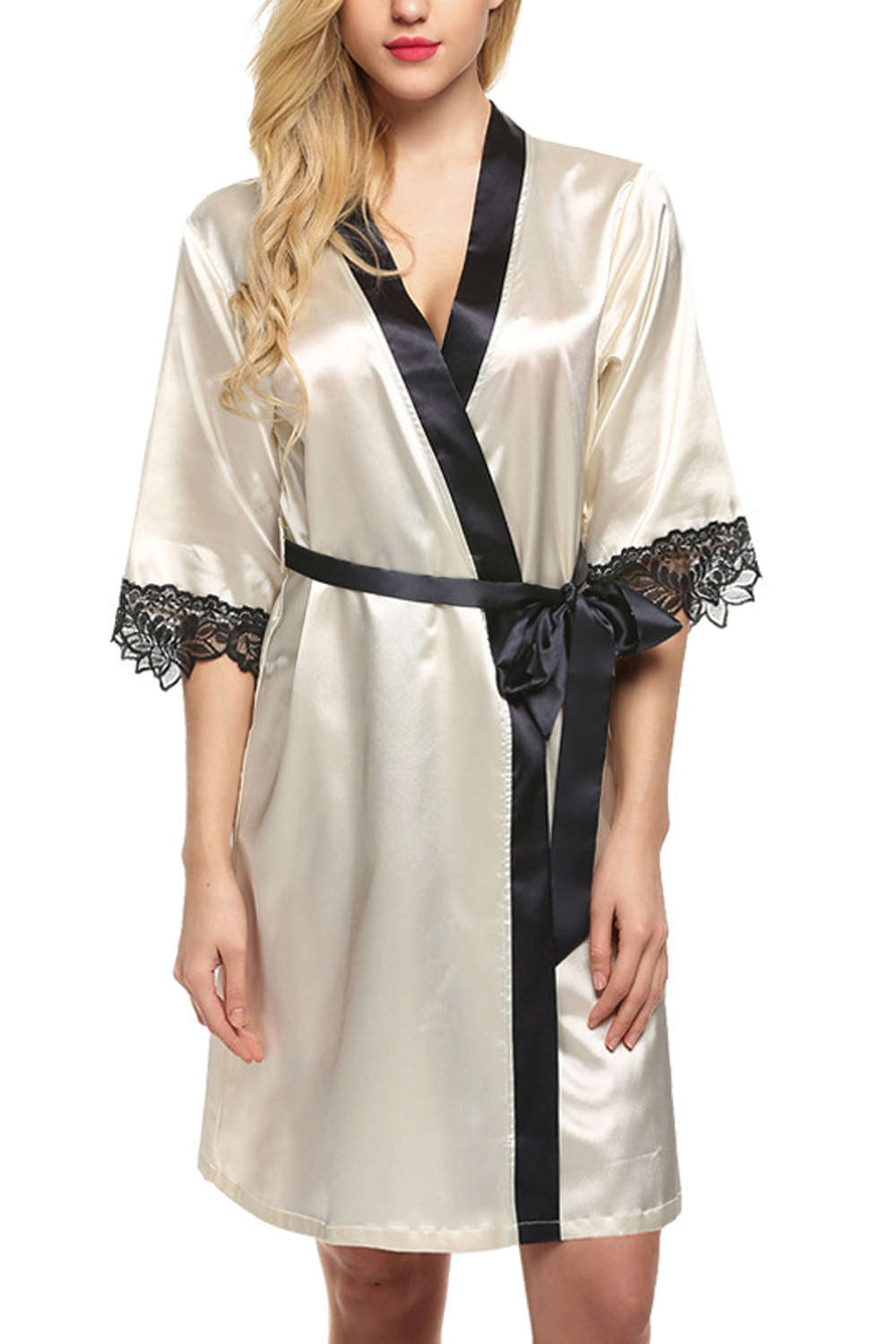 Iyasson Half Sleeves Lace Kimono Robe 