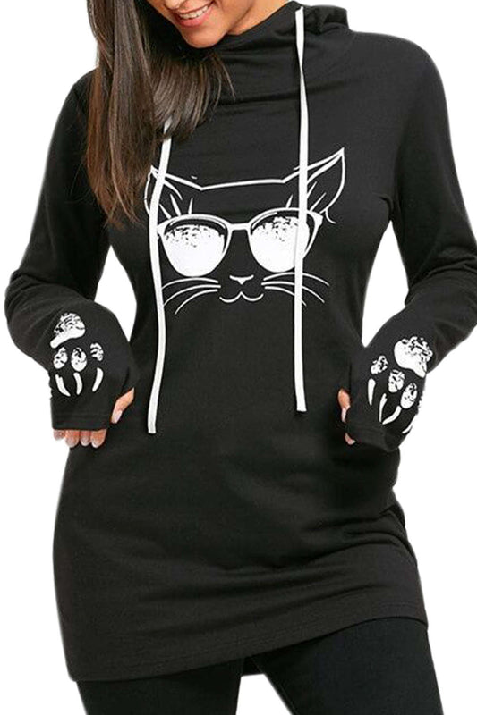 Iyasson Womens Cute Long Sleeve Hooded Sweatshirt Cat Face Paw Printing Pullover Hoodie