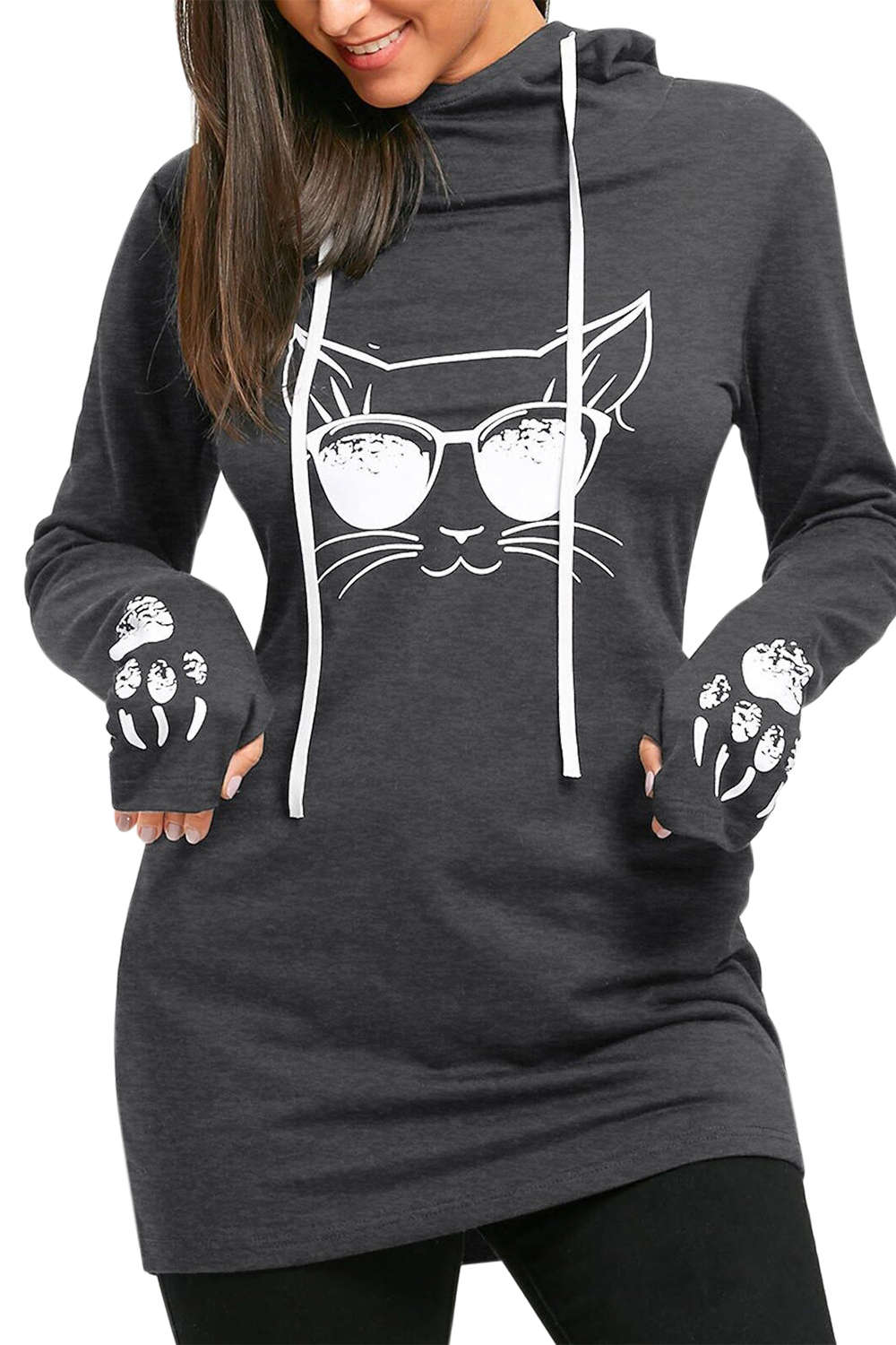 Iyasson Womens Cute Long Sleeve Hooded Sweatshirt Cat Face Paw Printing Pullover Hoodie