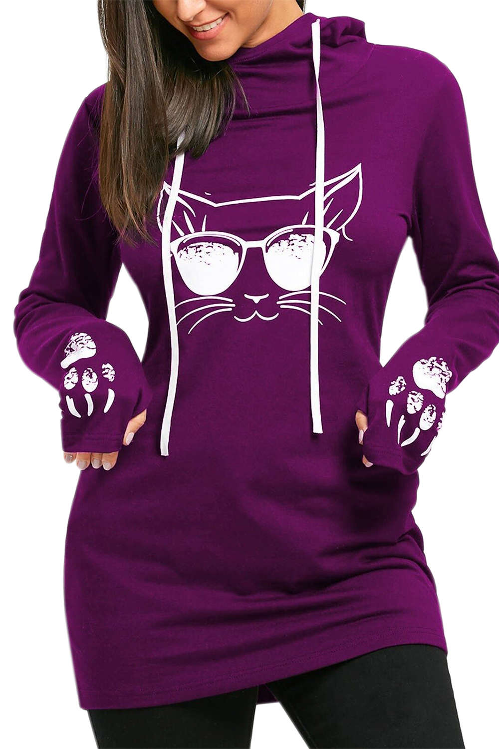 Iyasson Womens Cute Long Sleeve Hooded Sweatshirt Cat Face Paw Printing Pullover Hoodie