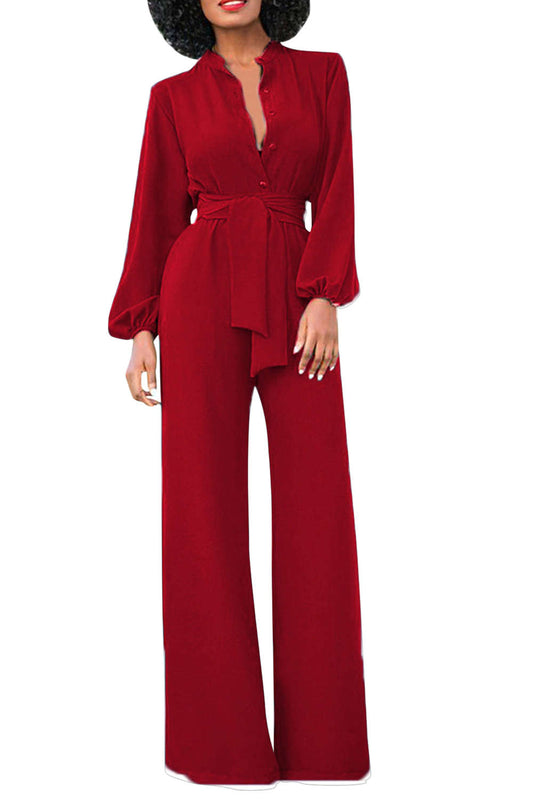 Iyasson Women Long Sleeve Wide Leg Long Jumpsuits With Belt