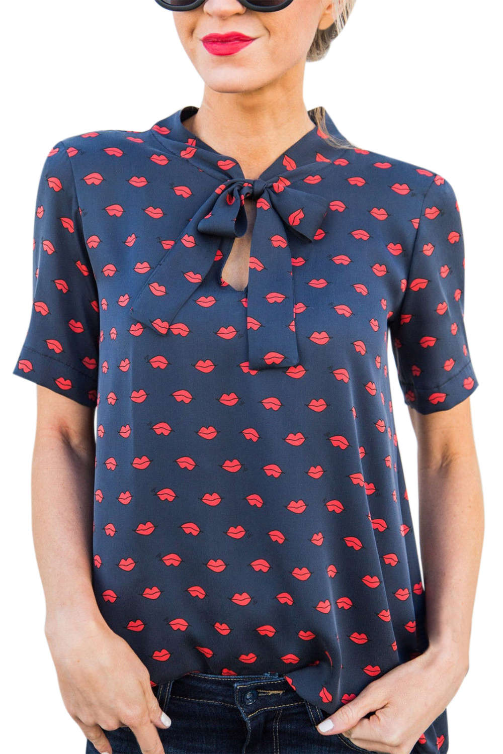 Iyasson Red Lips Print Blouse