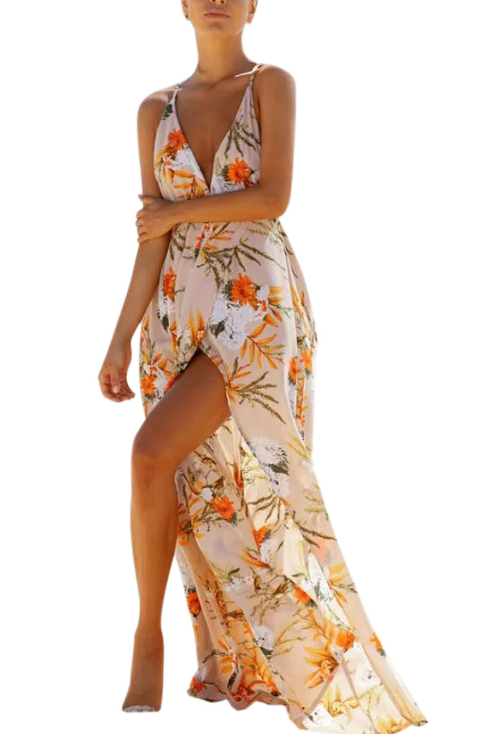 Iyasson Deep V neck Flora Print Maxi Dress