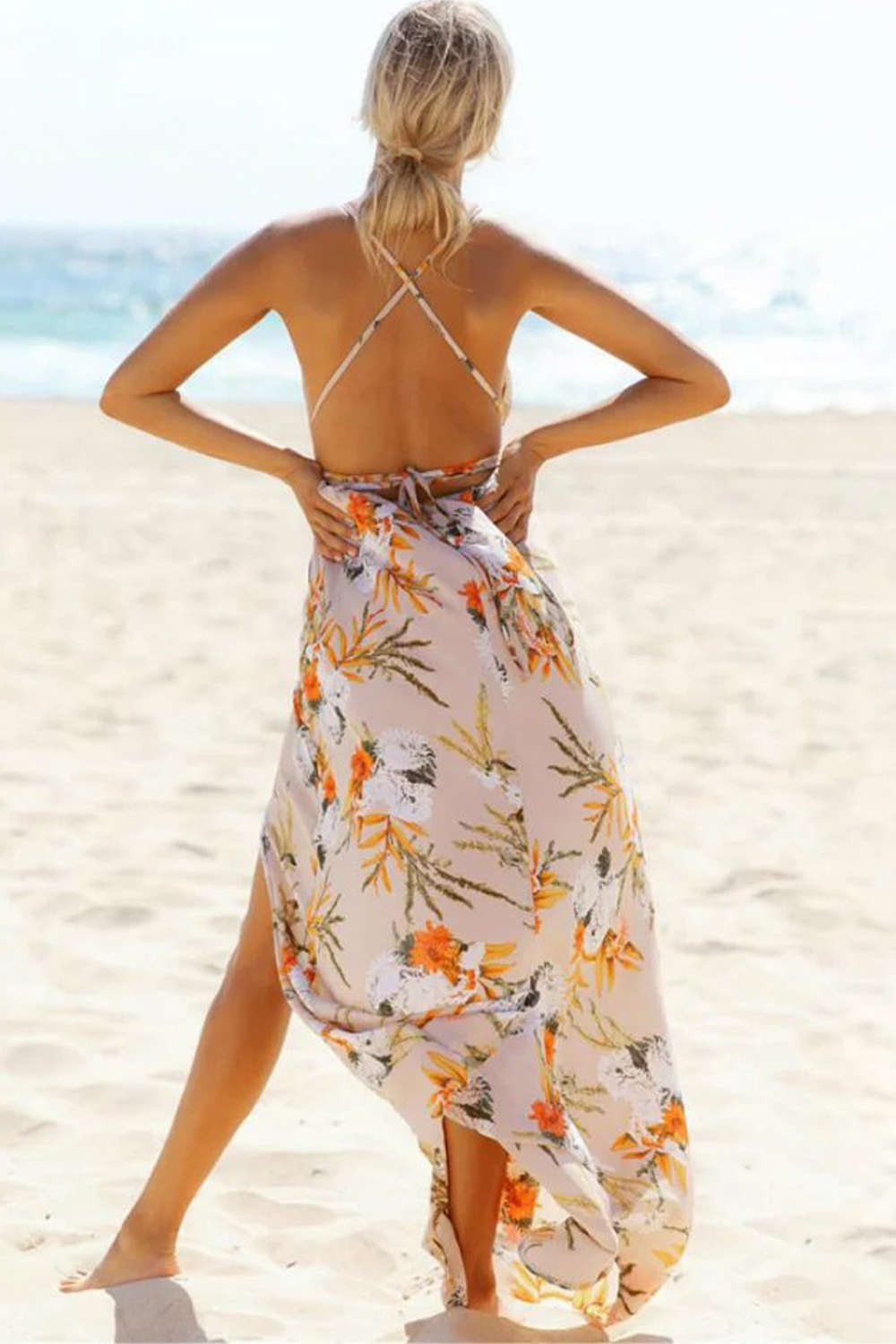 Iyasson Deep V neck Flora Print Maxi Dress