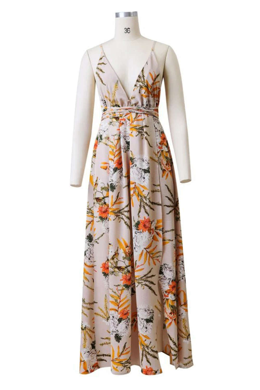 Iyasson Deep V neck Flora Print Maxi Dress