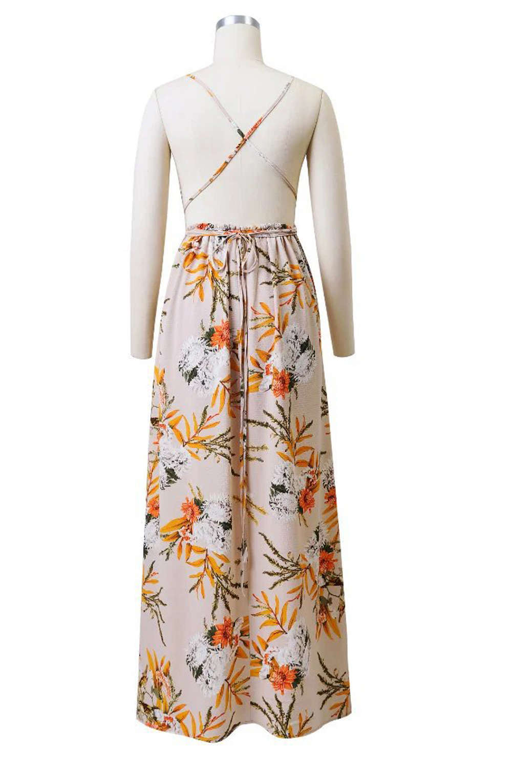 Iyasson Deep V neck Flora Print Maxi Dress
