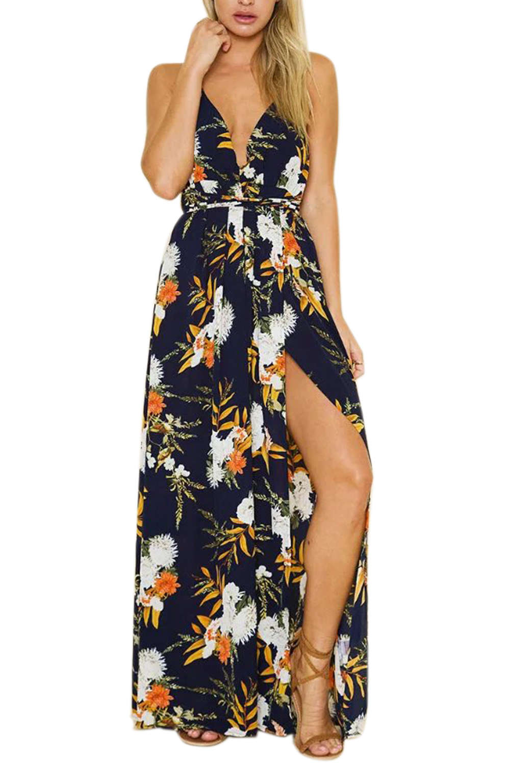 Iyasson Deep V neck Flora Print Maxi Dress