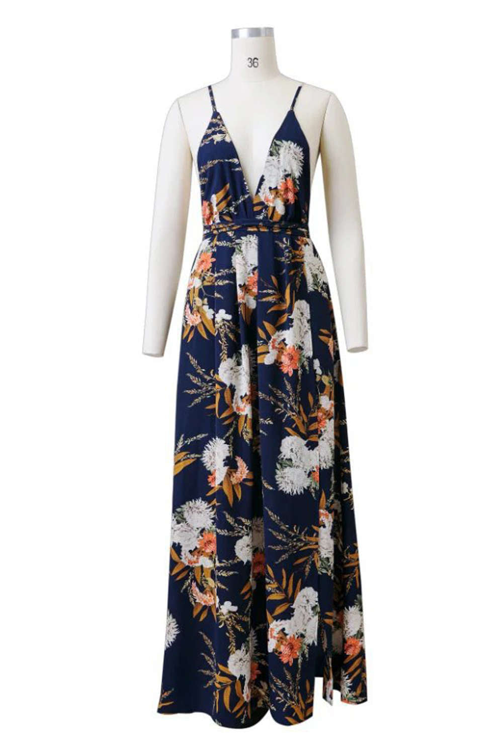 Iyasson Deep V neck Flora Print Maxi Dress