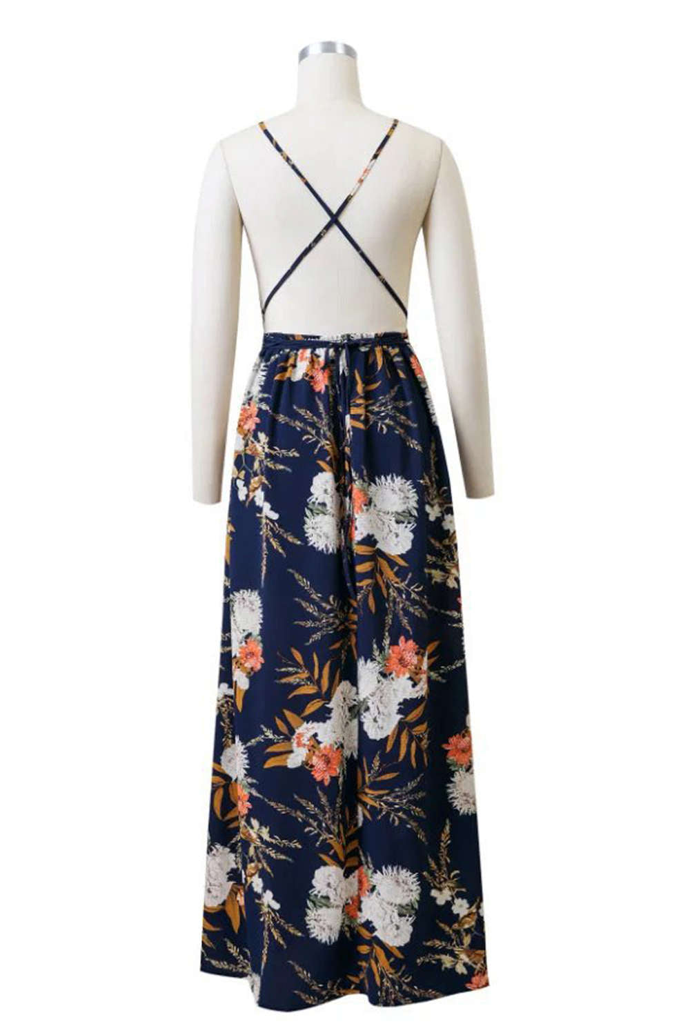 Iyasson Deep V neck Flora Print Maxi Dress