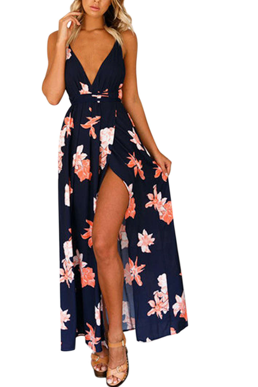Iyasson Deep V neck Flora Print Maxi Dress