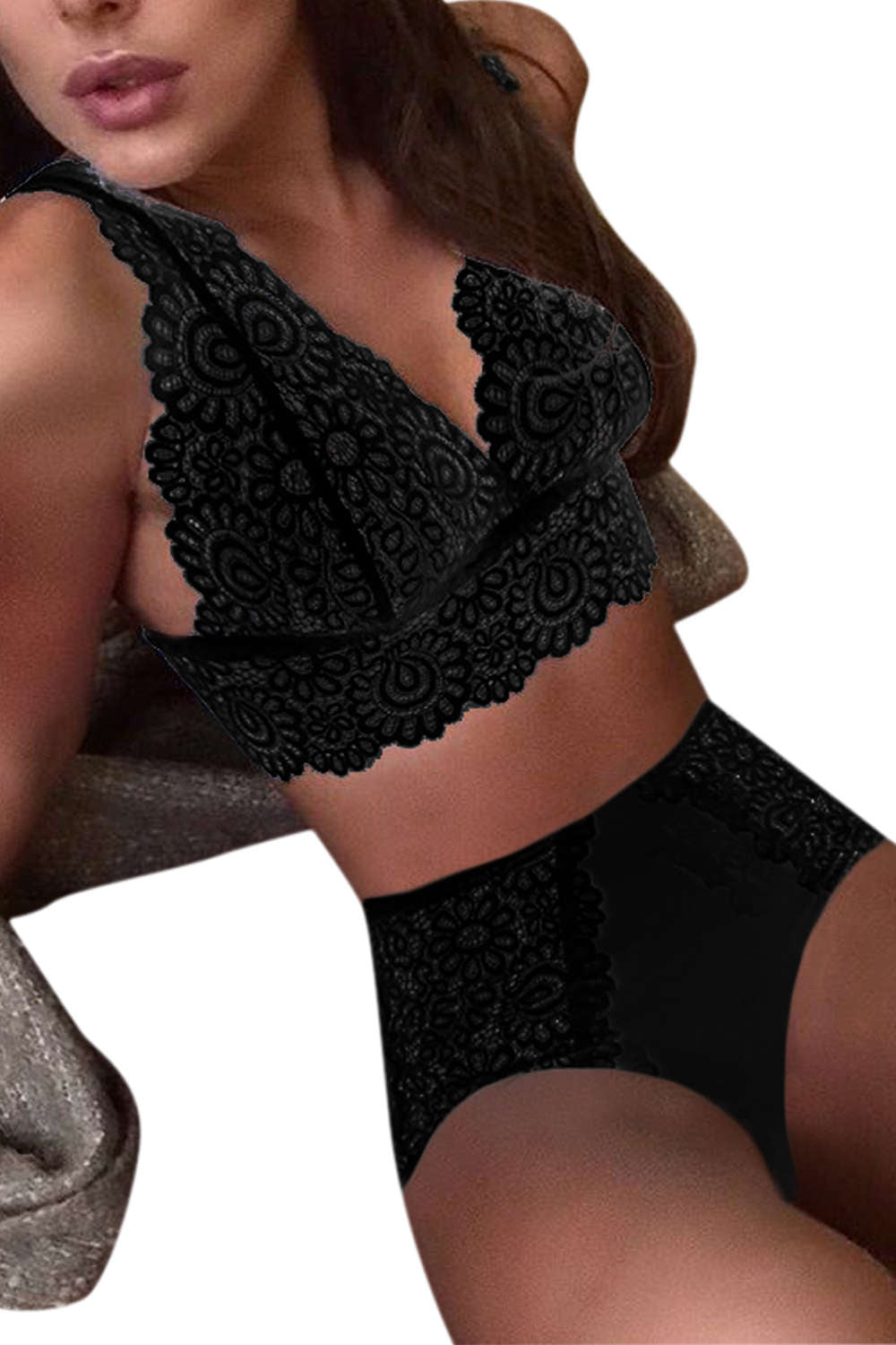 Iyasson Sexy Mesh Splicing Lace Bra Set