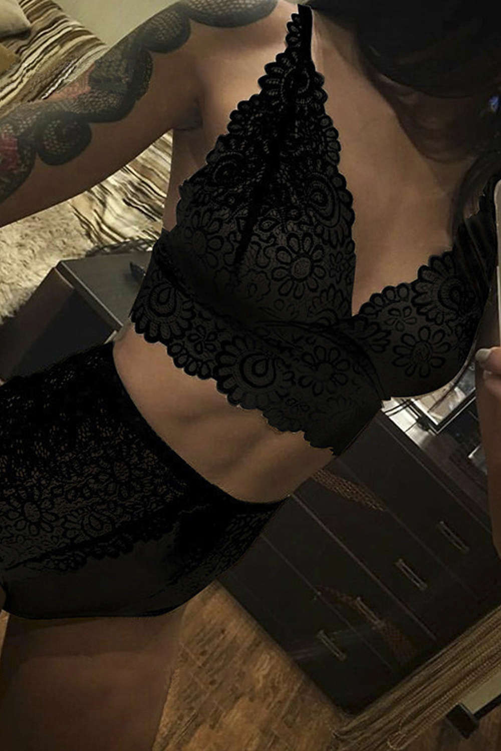 Iyasson Sexy Mesh Splicing Lace Bra Set