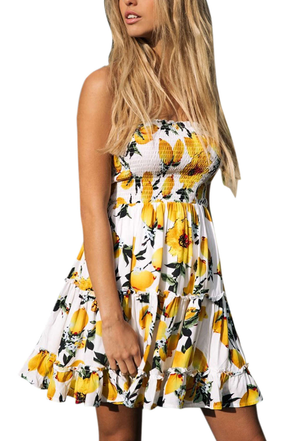 Iyasson Women Summer Lemon Print Strapless Tube Dress