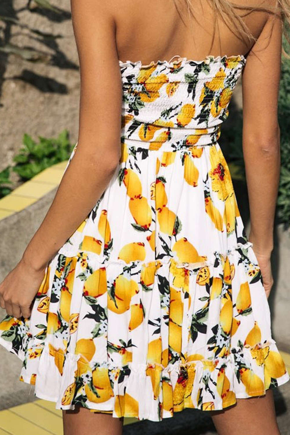 Iyasson Women Summer Lemon Print Strapless Tube Dress