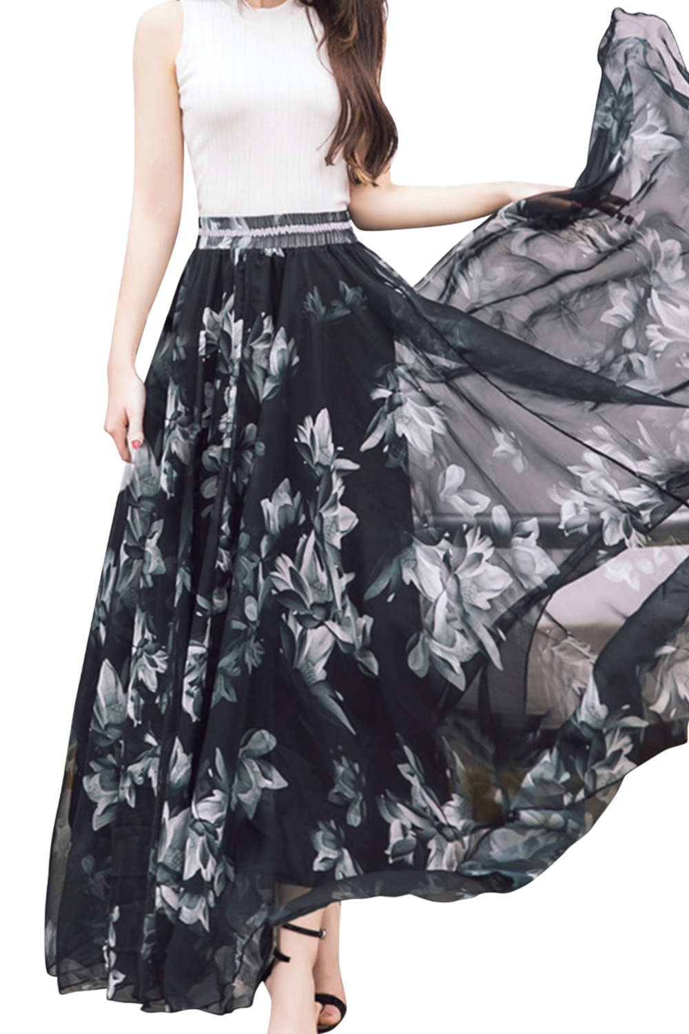 Iyasson Women Boho Printed Chiffon Maxi Skirt