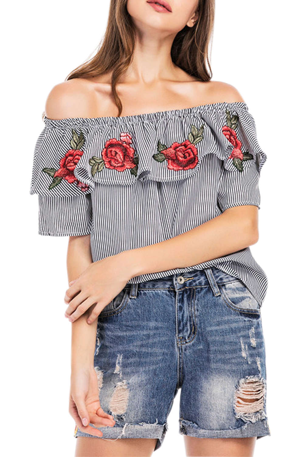 Iyasson Women Striped Off Shoulder Rose Embroidery Top