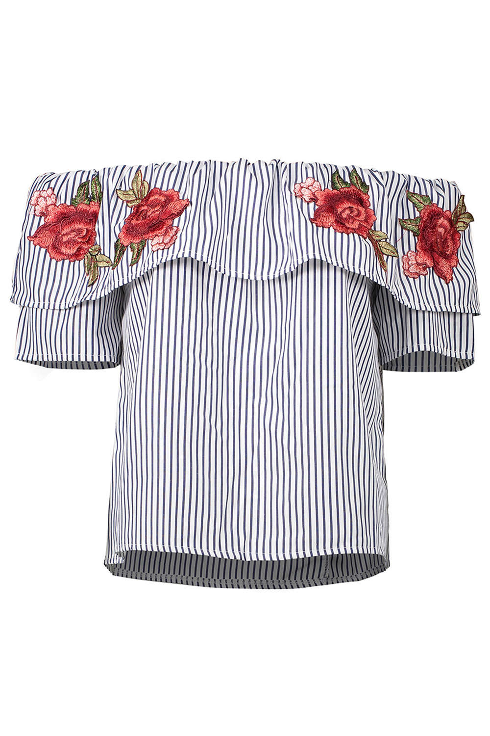 Iyasson Women Striped Off Shoulder Rose Embroidery Top