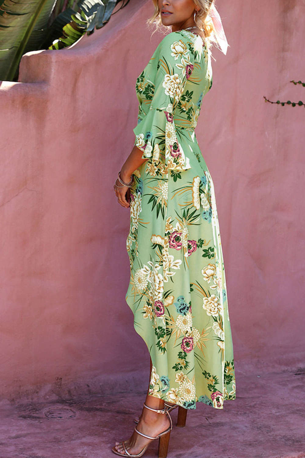 Iyasson Bohemian Floral Print Bell Long Sleeves Maxi Dresses