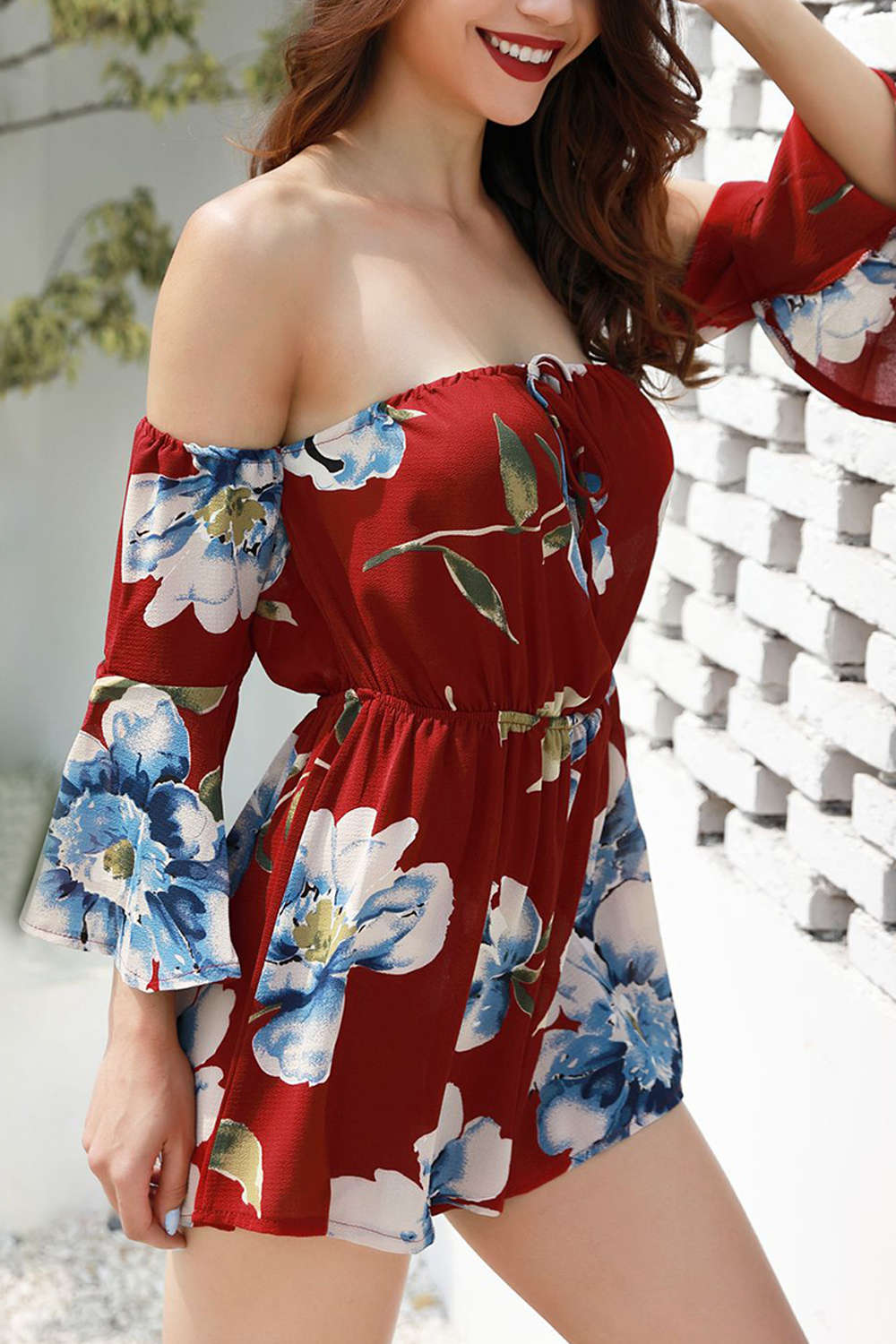 Iyasson Off Shoulder Bell Sleeve Floral Print Short Rompers