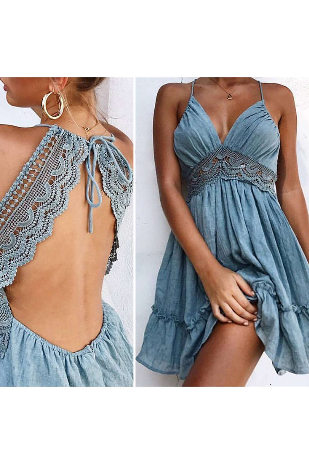 Iyasson Sleeveless Backless Lace Swing Mini Dress