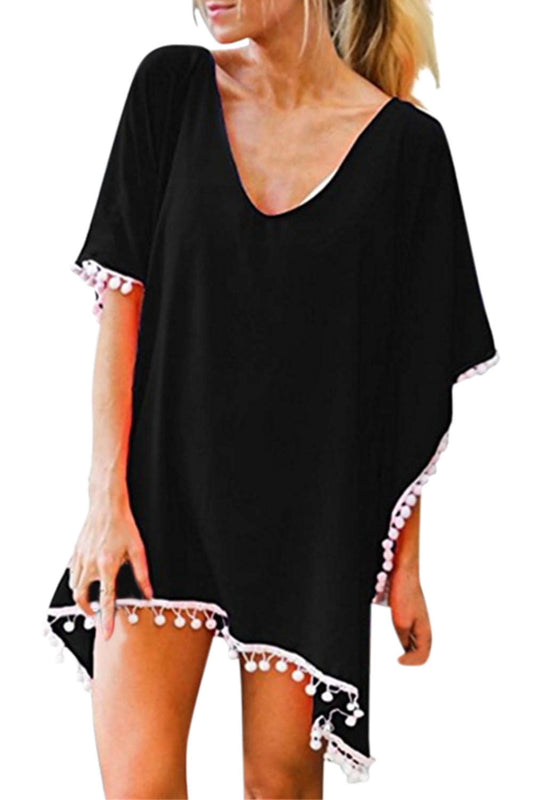 Iyasson V-neck Tassel Kaftan Chiffon Swim Cover-Up Dress