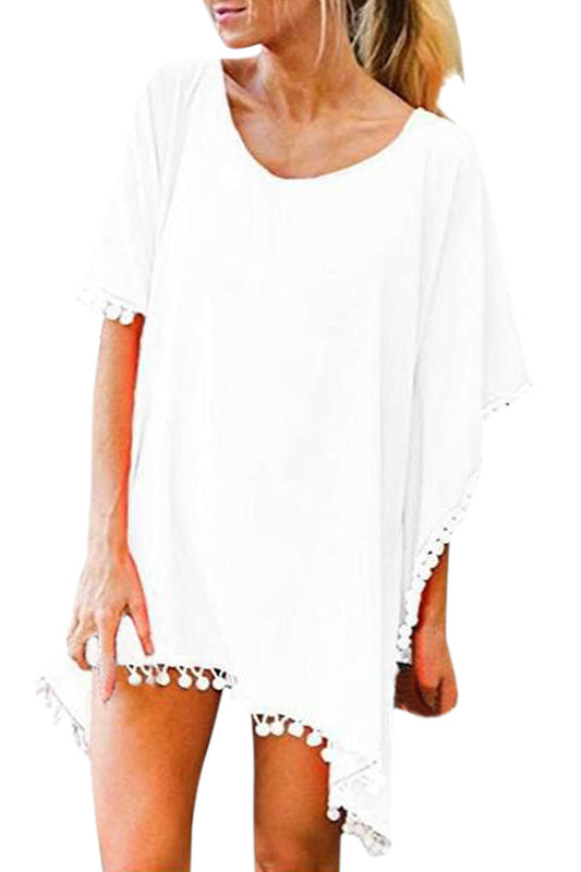 Iyasson V-neck Tassel Kaftan Chiffon Swim Cover-Up Dress