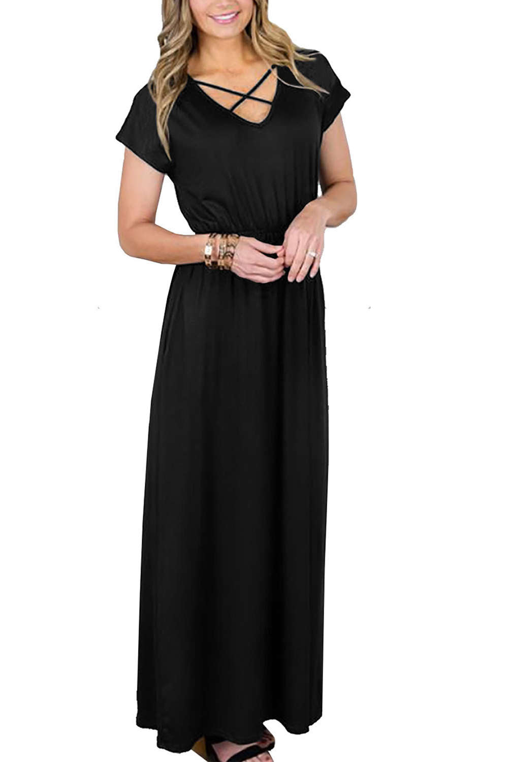 Iyasson V Neck Short Sleeve Maxi Dress