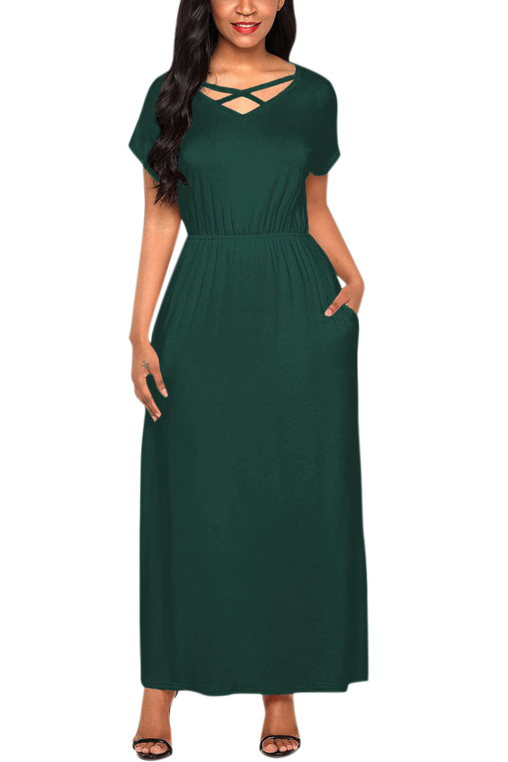 Iyasson V Neck Short Sleeve Maxi Dress