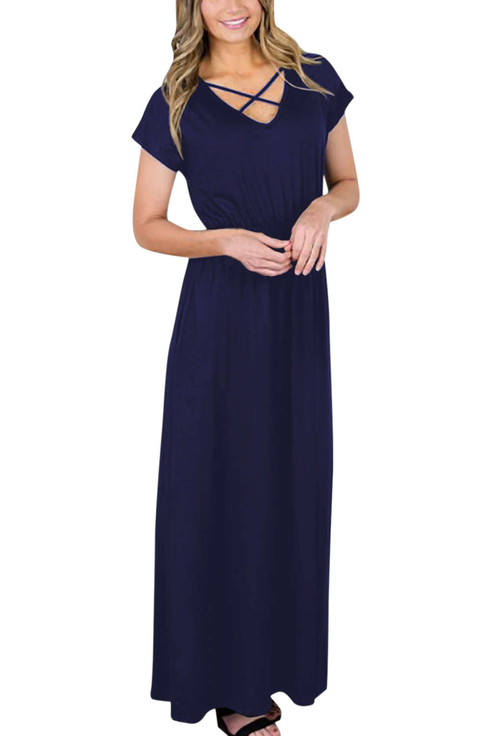 Iyasson V Neck Short Sleeve Maxi Dress