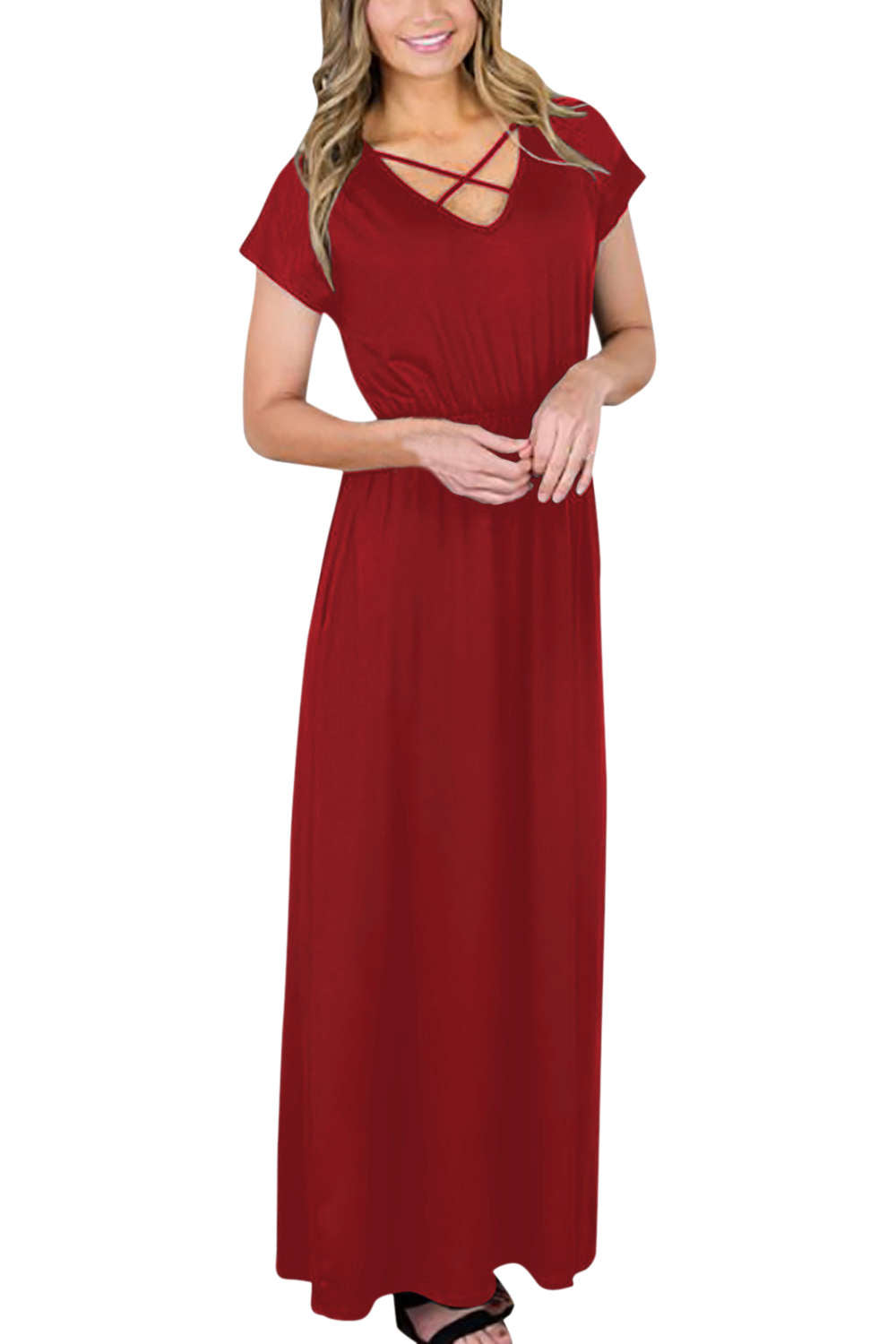 Iyasson V Neck Short Sleeve Maxi Dress