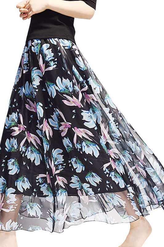 Iyasson Floral Printing Boho Style Maxi Skirt