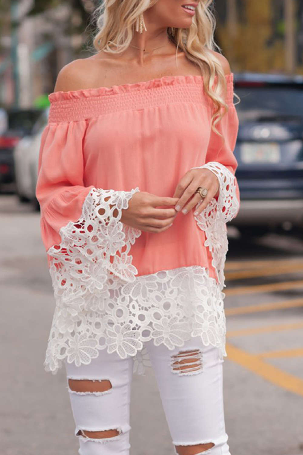 Iyasson Chiffon Off Shoulder Lace Top