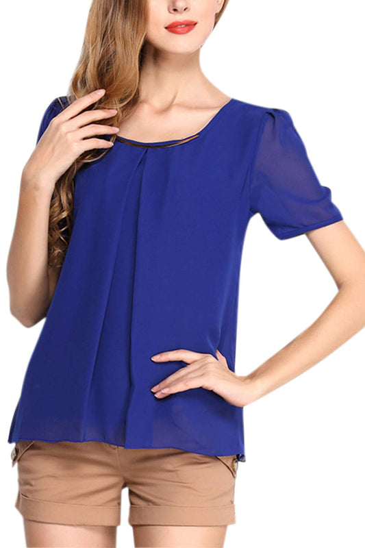 Iyasson Chiffon Solid Short Sleeve Hem Blouse