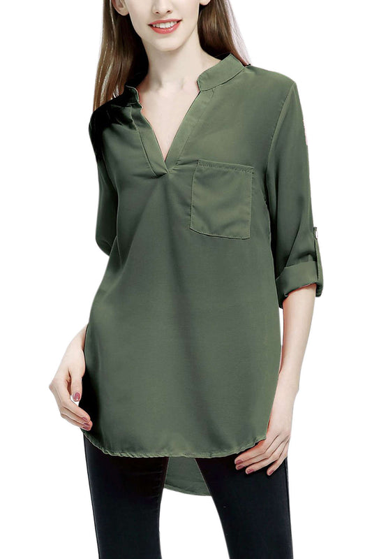 Iyasson V-neck long Sleeve Pocket Loose Chiffon Shirt