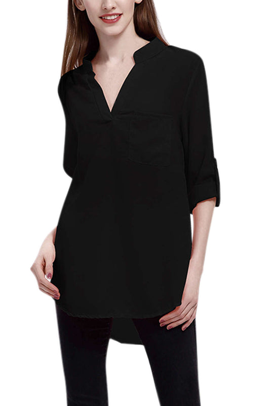 Iyasson V-neck long Sleeve Pocket Loose Chiffon Shirt