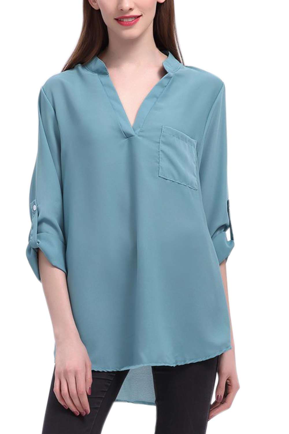 Iyasson V-neck long Sleeve Pocket Loose Chiffon Shirt