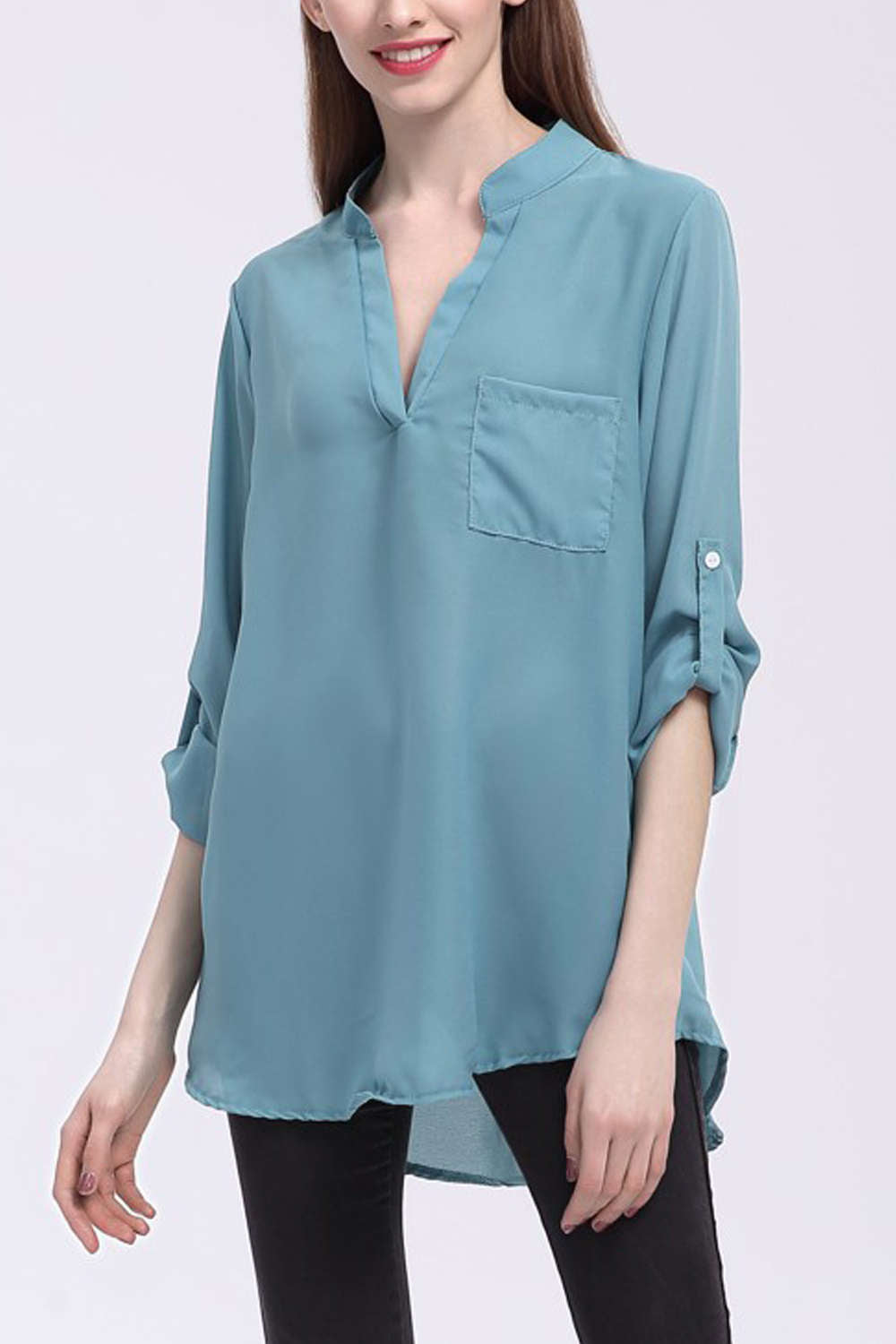 Iyasson V-neck long Sleeve Pocket Loose Chiffon Shirt