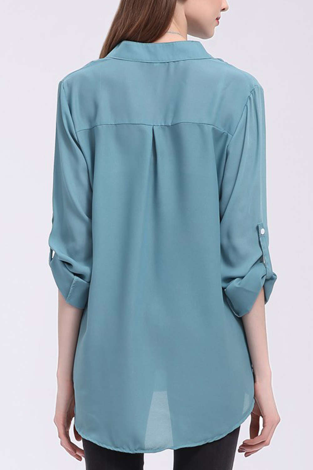 Iyasson V-neck long Sleeve Pocket Loose Chiffon Shirt