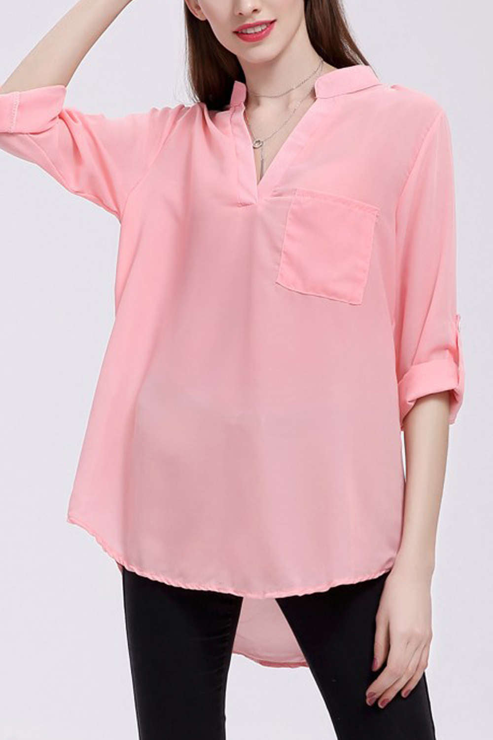 Iyasson V-neck long Sleeve Pocket Loose Chiffon Shirt