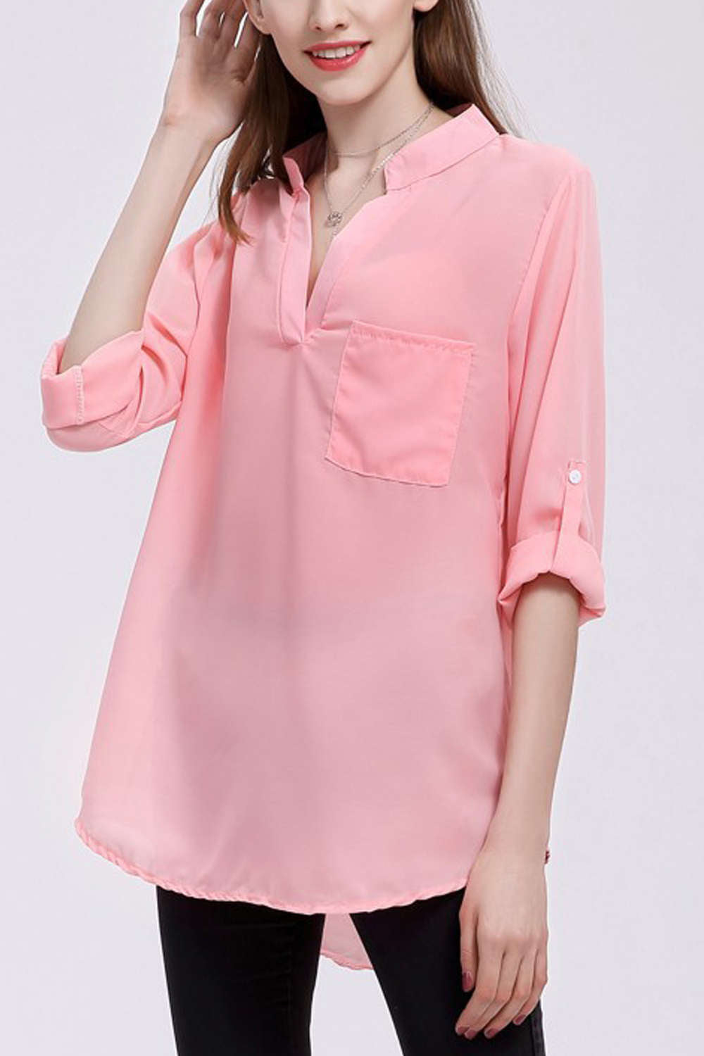 Iyasson V-neck long Sleeve Pocket Loose Chiffon Shirt