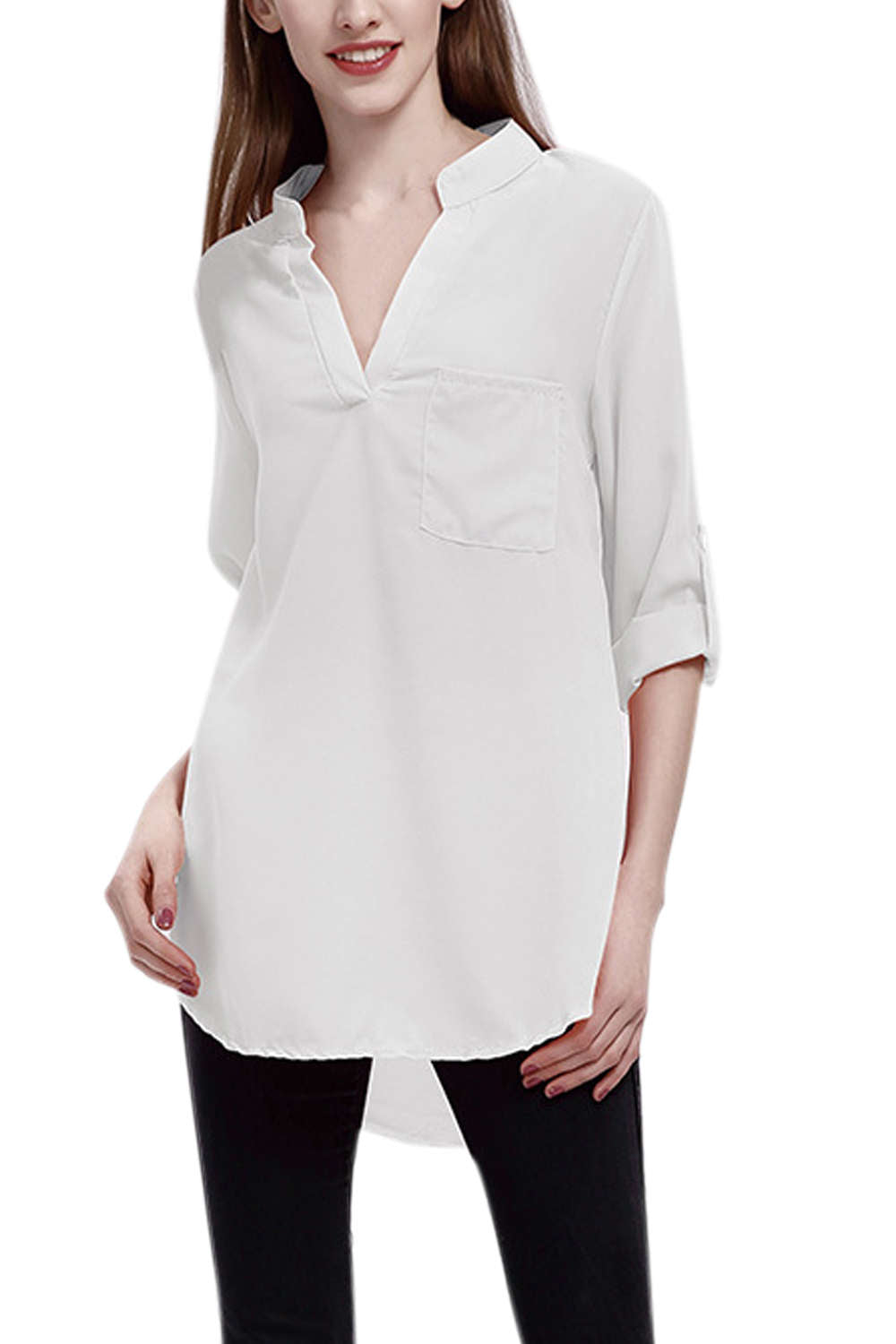 Iyasson V-neck long Sleeve Pocket Loose Chiffon Shirt