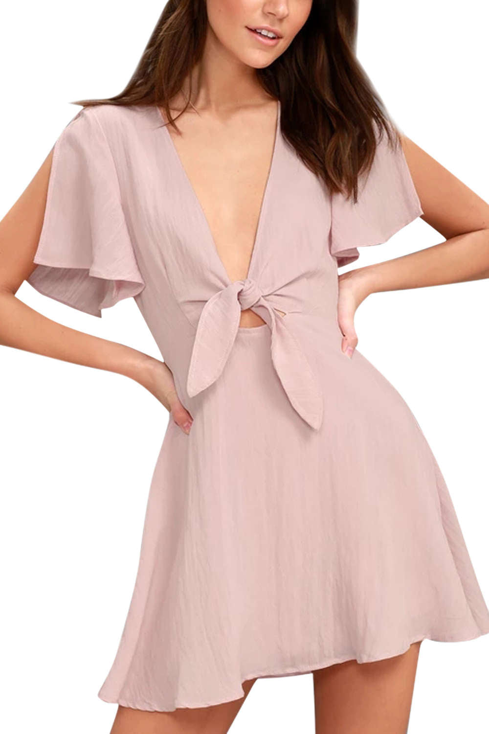 Iyasson Tie Knot Front Flare sleeve Deep-V Neck Dress 