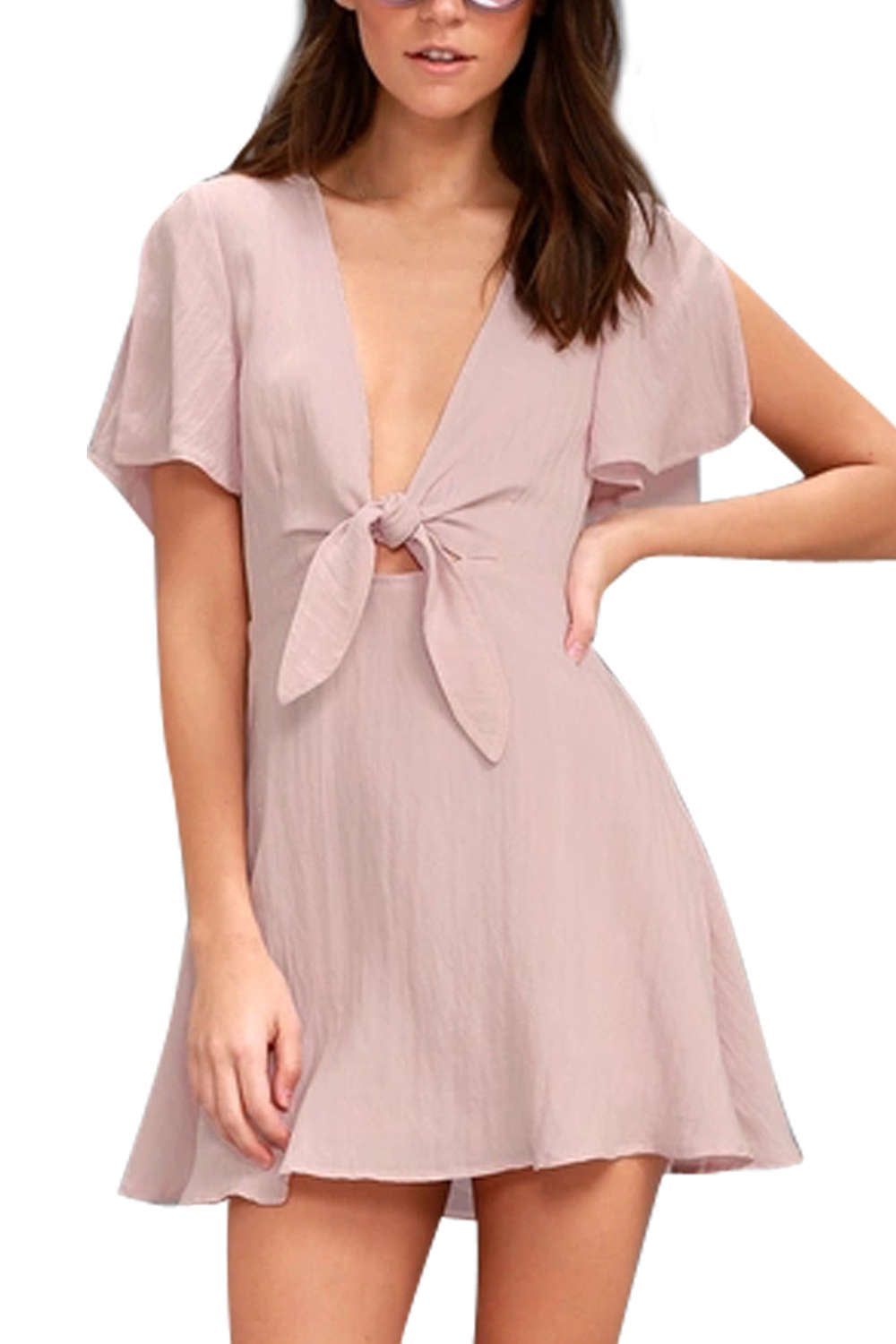 Iyasson Tie Knot Front Flare sleeve Deep-V Neck Dress 