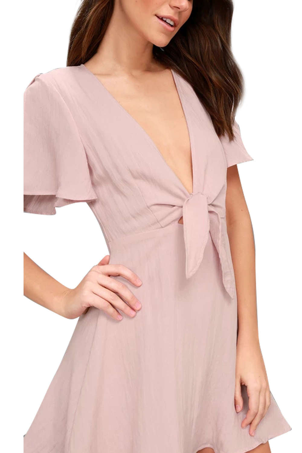 Iyasson Tie Knot Front Flare sleeve Deep-V Neck Dress 