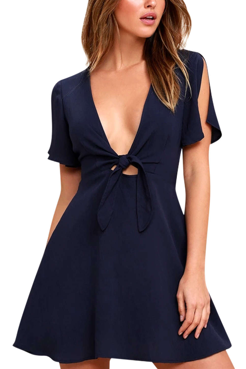 Iyasson Tie Knot Front Flare sleeve Deep-V Neck Dress 