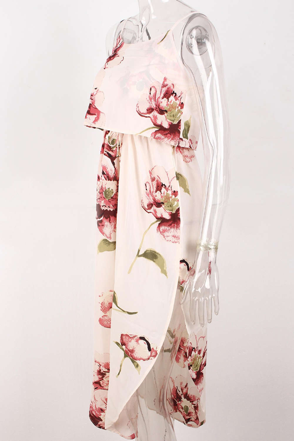 Iyasson Tie Waist Split Hem Chiffon Floral Midi Dresses