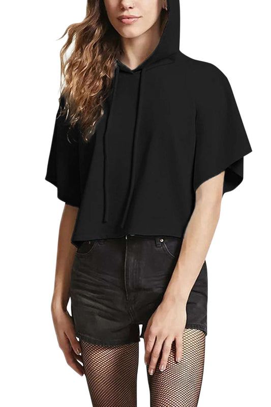 Iyasson Short Sleeves Solid Casual Drawstring Hoodie