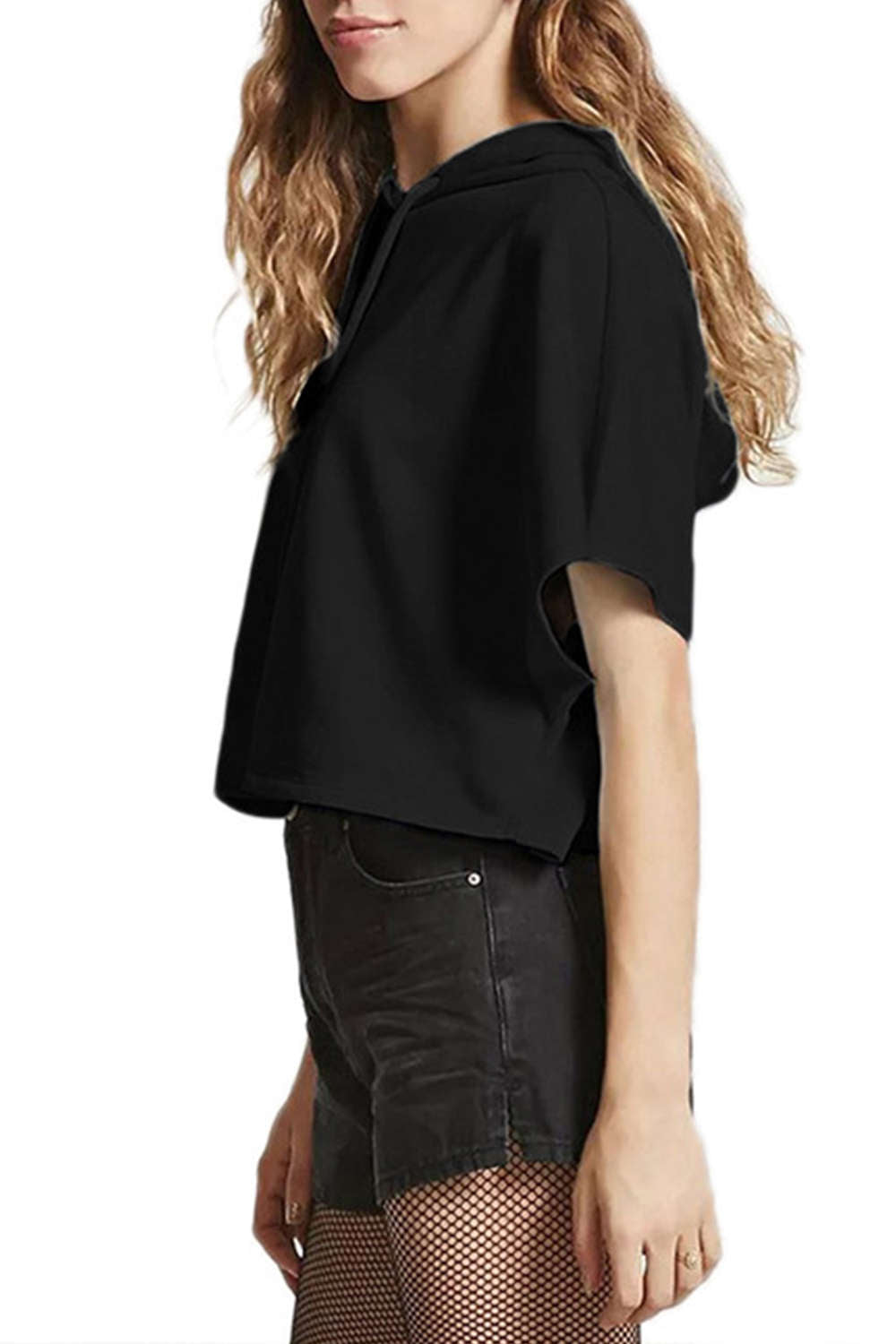  Iyasson Short Sleeves Solid Casual Drawstring Hoodie 