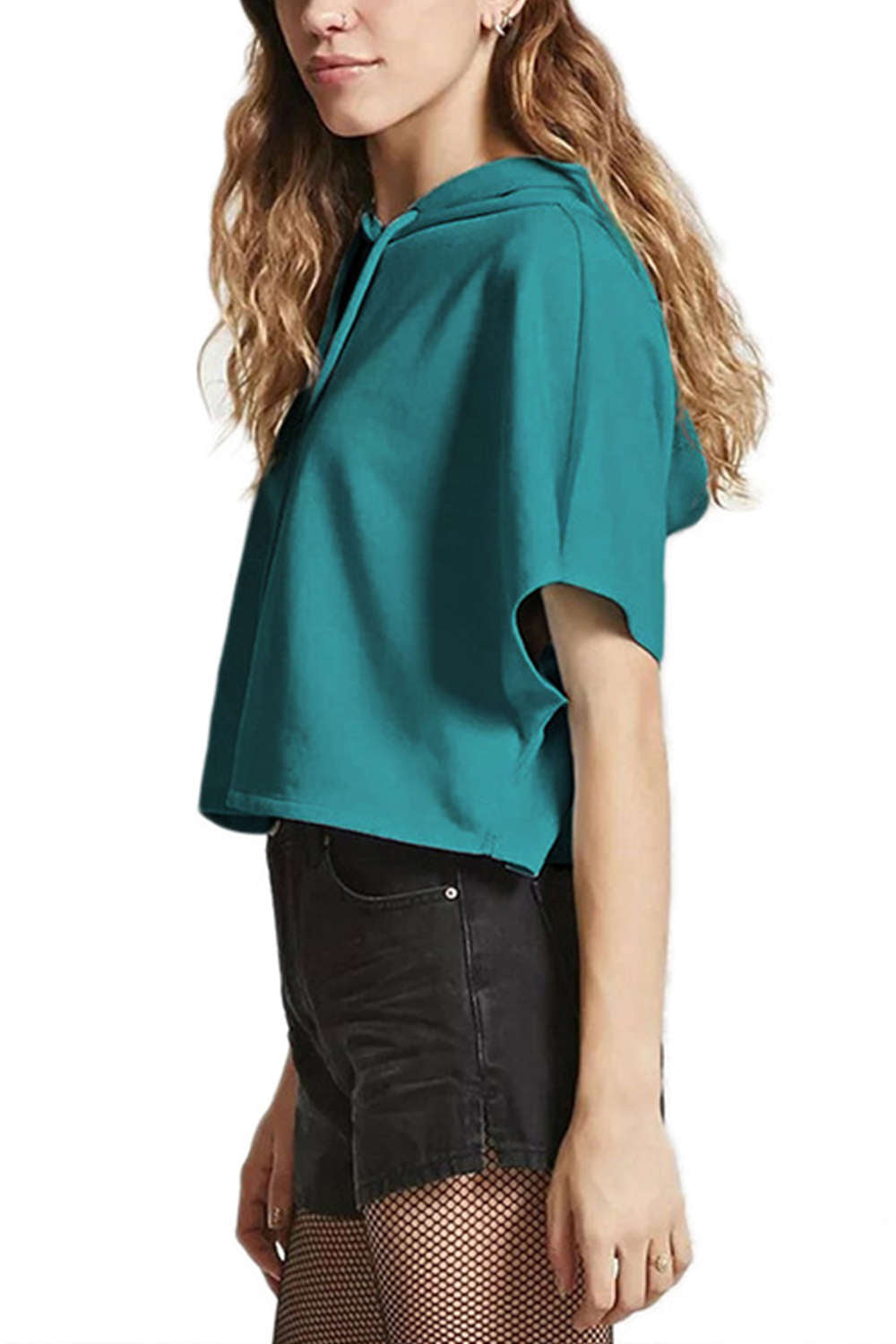  Iyasson Short Sleeves Solid Casual Drawstring Hoodie 